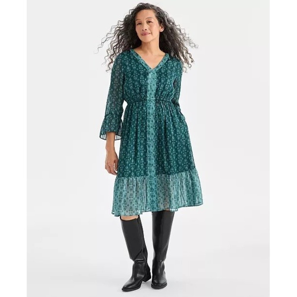 NWT Style & Co Womens Printed Shine Midi Dress Size Large Holiday Lined Pine